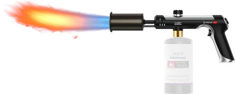 Propane Torch Gun With Adjustable Flame For Searing Charcoal Lighting And BBQ Grilling, black and silver with blue flame.