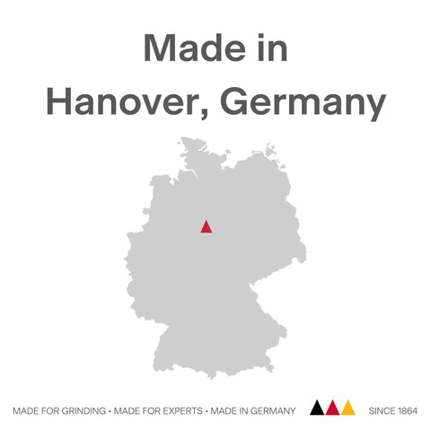 Map of Germany with Hanover highlighted, text 'Made in Hanover, Germany', icons and text below emphasizing quality and expertise.