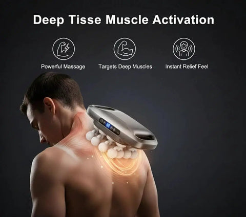 Beast 16 Head Deep Tissue Massager With Heat For Full Body Relief used on neck for muscle activation, showing 16-head design.