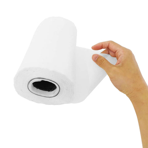 Hand holding a roll of Fiberglass Cloth Tape For Repairs And Reinforcement, 6 Oz, 8 Inch Wide By 50 Yards, E Glass Material.
