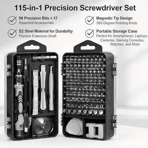 115 In 1 Precision Screwdriver Set For Phone Computer Watch Console Eyeglasses And Electronics Portable Gray Pro Repair Tool Kit open view