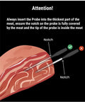 Diagram showing the correct insertion of probes into meat with Wireless Meat Thermometer With 1000 Ft Range, Two Ultra Thin Probes.