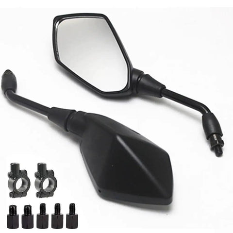 Premium 2 Pack Motorcycle Rearview Mirrors With Wide Angle HD Glass And Anti Shatter Coating For Safe Street Biking Cruiser Scooter Or E bike Riding Experience Featuring Adjustable Foldable Design, black