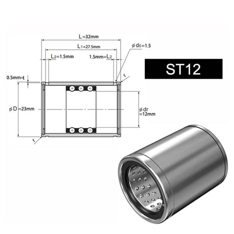Diagram and photo of a Light Duty ST Type Linear Bearing Bushing for Long Stroke Motion, Pro Grade Guide For Linear Rails, ST Style Bushing Set.