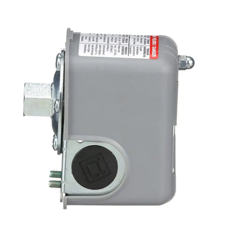 Side view of Air And Water Pump Pressure Switch 9013FSG2J24M4 For Motor Control, grey NEMA 1 housing, 40-60 psi setting visible