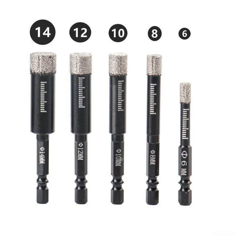 Diamond dry core drill bits set for tile and marble; five bits 6-14 mm with diamond-coated tips.