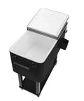 Portable Rolling Patio Cooler With Wheels And Bottle Opener, 80 Quart Beverage Cart, black, open lid view, storage shelf