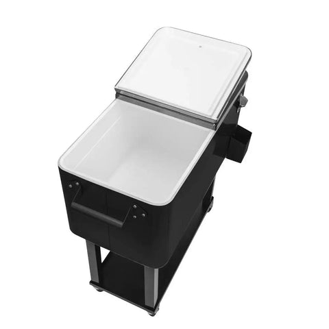 Portable Rolling Patio Cooler With Wheels And Bottle Opener, 80 Quart Beverage Cart, black, open lid view, storage shelf