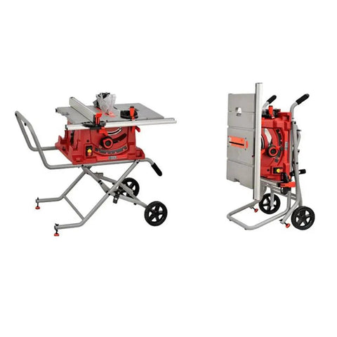 Heavy Duty 10 Inch Sliding Table Saw With 110V Motor And Quick Clamping Rip Fence offering precise adjustments shown in working position and folded.