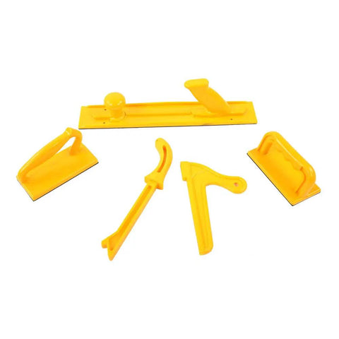 5 Piece Push Block And Stick Set For Woodworking And Router Tables Durable Plastic Safety Blocks For Router Table Feeding Bandsaw And Jointer Saws Keeps Hands Safe During Cuts With Strong Grip And Easy Push, showing yellow blocks and sticks on white background.