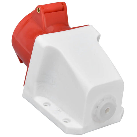 Tough As Nails Industrial Cee Socket Wall Mounted Heavy Duty Polycarbonate Housing With Genuine Brass Contacts Ip44 Weather Proof Plug And Play Power Receptacle Dead Nuts Reliable For Campsites Worksites And Job Sites, showing side view of red and white weatherproof outlet.