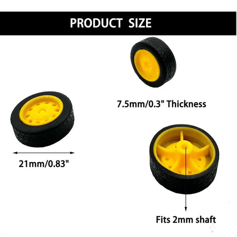 Dope Tiny Wheels Set For Hobby Builds 21mm Rubber Tires With 10 Shaft Rods And Axles For RC Cars Trucks And Robots DIY Model Toy Building Accessories Fits 2mm Shafts 20 Pieces showing 21mm diameter and 7.5mm thickness with shaft fit details.
