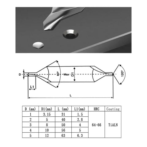 Heavy Duty Cobalt Center Drill Bit Set dimensions and specifications for hard metals, sizes from 3.15mm to 12mm.