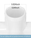 Close-up of 20 Pack 1/2 Inch Four Way PVC Fittings for DIY Furniture showing inner diameter measurement of 0.84 inches