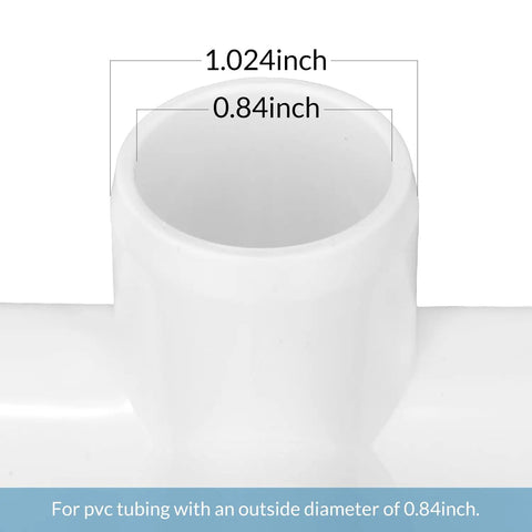 Close-up of 20 Pack 1/2 Inch Four Way PVC Fittings for DIY Furniture showing inner diameter measurement of 0.84 inches
