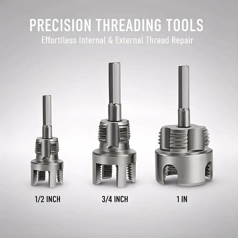 Upgraded 4 In 1 Plastic Pvc Water Pipe Threading Die Set With Internal External Thread Cutter For 1/2 3/4 And 1 Inch Pipes, showing precision threading tools.