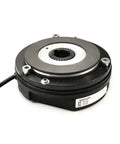 BN12 de-energized electromagnetic brake, black circular housing with silver inner hub and mounting tabs.