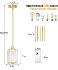 Brushed Gold Crystal Pendant Light With Adjustable Rods And Sloped Ceiling Mount No Sweat Install Super Smooth Hang Straight Up Elegant Lamp For Kitchen Island Dining Space E26 Base dimensions diagram with bulb suggestions.