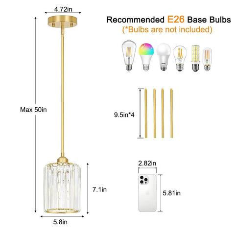 Brushed Gold Crystal Pendant Light With Adjustable Rods And Sloped Ceiling Mount No Sweat Install Super Smooth Hang Straight Up Elegant Lamp For Kitchen Island Dining Space E26 Base dimensions diagram with bulb suggestions.