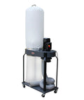 Heavy Duty Woodworking Dust Collector With 1350W Motor And 5650 CFM Airflow mobile base, clear filter bag, wheeled frame for garage use.