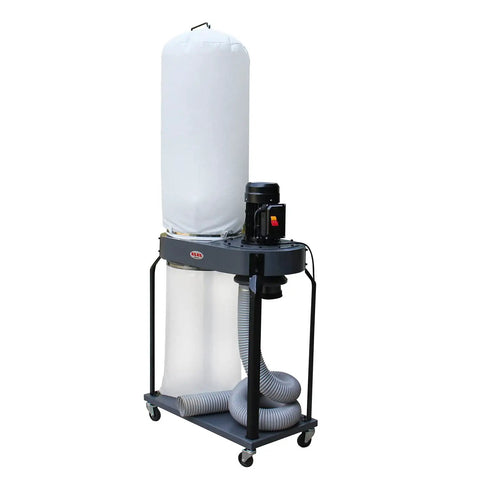 Heavy Duty Woodworking Dust Collector With 1350W Motor And 5650 CFM Airflow mobile base, clear filter bag, wheeled frame for garage use.