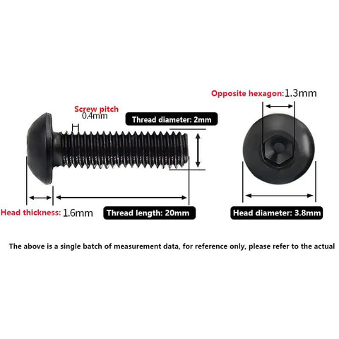 Top Shelf M2 X 20mm Button Head Socket Cap Screws 50 Pack Grade 109 dimensions showing thread and head sizes.