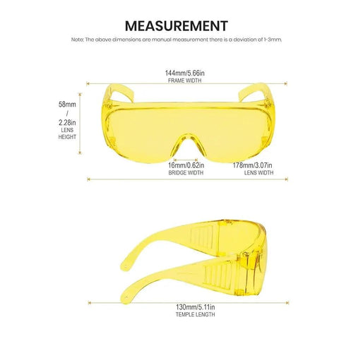 Heavy Duty Anti Fog Yellow Safety Goggles Real Deal Protective Eyewear Built To Go Over Prescription Specs For Dental Labs Teeth Whitening And Smooth Daily Construction Work, measurement chart.