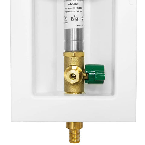 Preassembled Pex Ice Maker Outlet Box With One Half Inch Crimp Inlet And Quarter Turn Ball Valve White Finish With Stainless Steel Hammer Arrestor