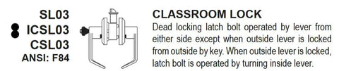 Heavy Duty Classroom Lever Lock With Deadlocking Latch In Satin Chrome Inside And Outside Levers Operate Smoothly Keyed Outside Lock When Locked Fits Standard One And Three Quarter Inch Doors Commercial Grade Durable Hardware For Busy Schools diagram and description