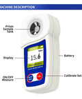 Digital Brix Refractometer For Sugar Content With Zero To Fifty Five Percent Range And Plus Or Minus Zero Point One Percent Accuracy, Auto Temperature Compensation For Consistent Readings, Ideal For Winemaking, Home Brewing, Juices, white handheld unit with display and sample tank