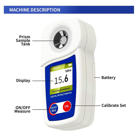 Digital Brix Refractometer For Sugar Content With Zero To Fifty Five Percent Range And Plus Or Minus Zero Point One Percent Accuracy, Auto Temperature Compensation For Consistent Readings, Ideal For Winemaking, Home Brewing, Juices, white handheld unit with display and sample tank