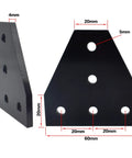 No Fuss Tough As Nails 2020 Aluminum Extrusion Connector Kit with black triangular plate dimensions of 60mm x 20mm x 4mm.