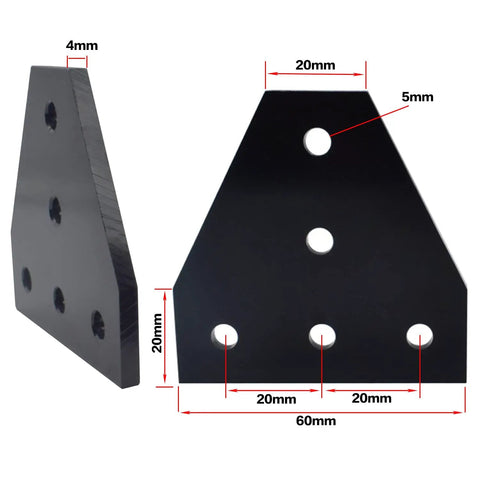 No Fuss Tough As Nails 2020 Aluminum Extrusion Connector Kit with black triangular plate dimensions of 60mm x 20mm x 4mm.