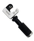 Beefy Heavy Duty Universal Tube Cutter Set With Adjustable Knobs And Deburring Tool For Copper Plastic Aluminum Iron And Stainless Steel Pipes Easy Grip Handle Attachment For Precise Straight Cuts, side view showing adjustable knob and handle.