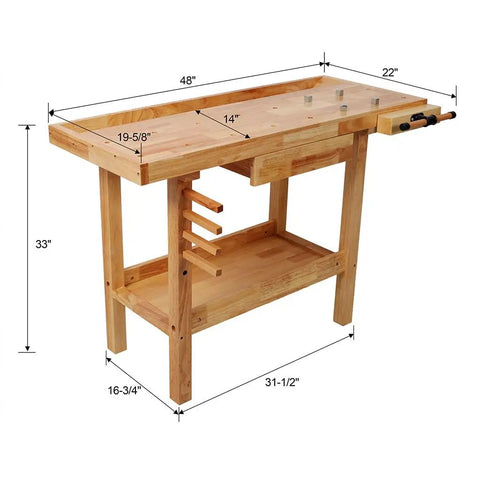 48 Inch Heavy Duty Workbench With 330 Pound Capacity Solid Rubber Wood Construction Drawer Storage And Shelves