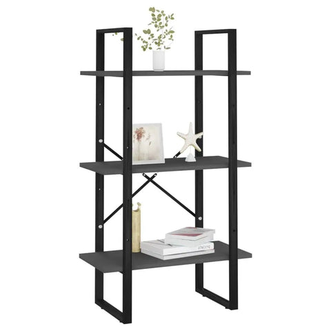 Three Tier Industrial Grey Storage Shelf Engineered Wood Freestanding Bookcase For Living Room And Basement with decor items.