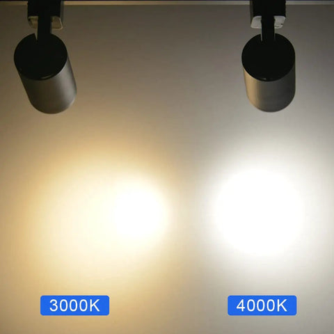Comparison of 3000K and 4000K light from Arcfox Dope 7W LED Track Lighting Heads 4000K Dimmable J Type Rail 2 Wire Single Circuit