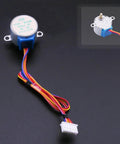 28BYJ-48 5V stepper motor with ULN2003 driver; silver housing, blue base, multicolored wires, white 5-pin connector