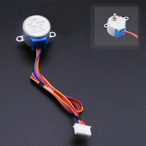 28BYJ-48 5V stepper motor with ULN2003 driver; silver housing, blue base, multicolored wires, white 5-pin connector