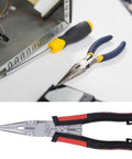 7 In 1 Pro Grade Workhorse Multifunction Needle Nose Pliers Wire Stripping Tool With Cutting Crimping Clamping And Nut Handling For Electrical Work Automotive Repairs And DIY Projects In Premium Chrome Vanadium Steel on workbench