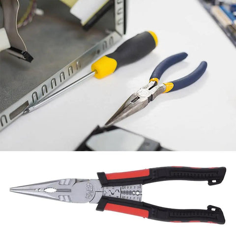 7 In 1 Pro Grade Workhorse Multifunction Needle Nose Pliers Wire Stripping Tool With Cutting Crimping Clamping And Nut Handling For Electrical Work Automotive Repairs And DIY Projects In Premium Chrome Vanadium Steel on workbench