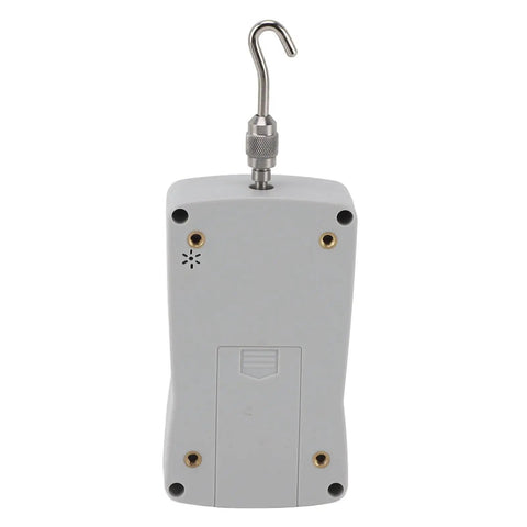 Digital Push Pull Force Tester 20N To 200N With Built In Sensor And Auto Backlit LCD Display For Quick Readouts, Storage Capable For Material Mechanics, Product Development And Quality Control, Rugged All Around Workhorse Force Meter; gray aluminum body with hook