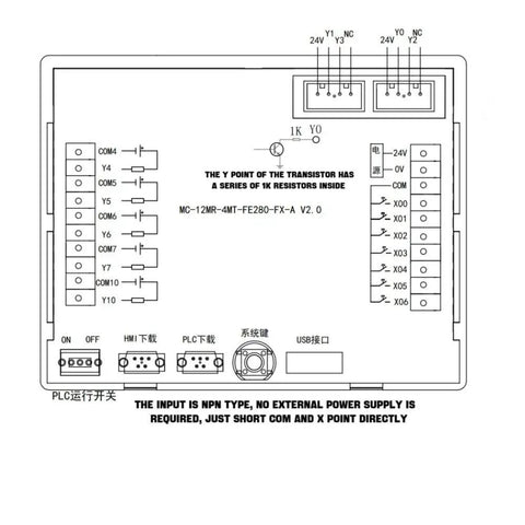 Wiring diagram for All In One PLC HMI With 2.8 Inch Touch Screen Display, Seven Input Five Relay Outputs, Four Transistor Outputs FX1S Compatible