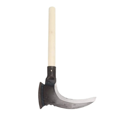 Handheld Sickle With High Manganese Steel Blade, Dual Scythe Mowing Tool with white ergonomic handle.