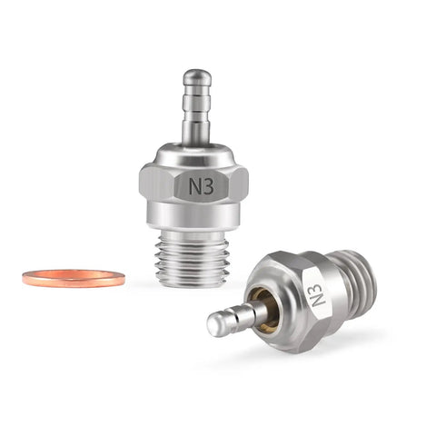 Two N3 Hot Spark Glow Plugs for RC Nitro Engines with copper washer, platinum iridium material, side and top view.