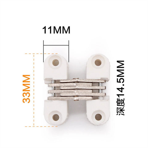 Front view of Hidden Hinges 4 Pack 33x11mm White Plastic Invisible Barrel Cross Hinge For Doors Windows Cabinets And Furniture
