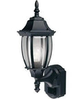 Six Sided Die Cast Aluminum Lantern with Beveled Glass Black Motion Activated Outdoor Light mounted on wall