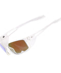 Kickin Up Dust With These Slick Z87 Rated Safety Sunglasses Featuring Polarized Anti Glare Lenses UV400 Protection Hella Comfortable Wraparound Fit For Driving Riding And Outdoor Work In Matte Clear Blue Mirror, side view of clear frame and polarized lenses.