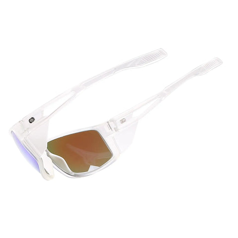 Kickin Up Dust With These Slick Z87 Rated Safety Sunglasses Featuring Polarized Anti Glare Lenses UV400 Protection Hella Comfortable Wraparound Fit For Driving Riding And Outdoor Work In Matte Clear Blue Mirror, side view of clear frame and polarized lenses.
