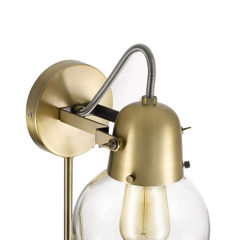 Mid Century Modern Glass Globe Plug In Wall Sconce With LED Bulb, Gold Satin Brass Finish, Adjustable Clear Glass Shade